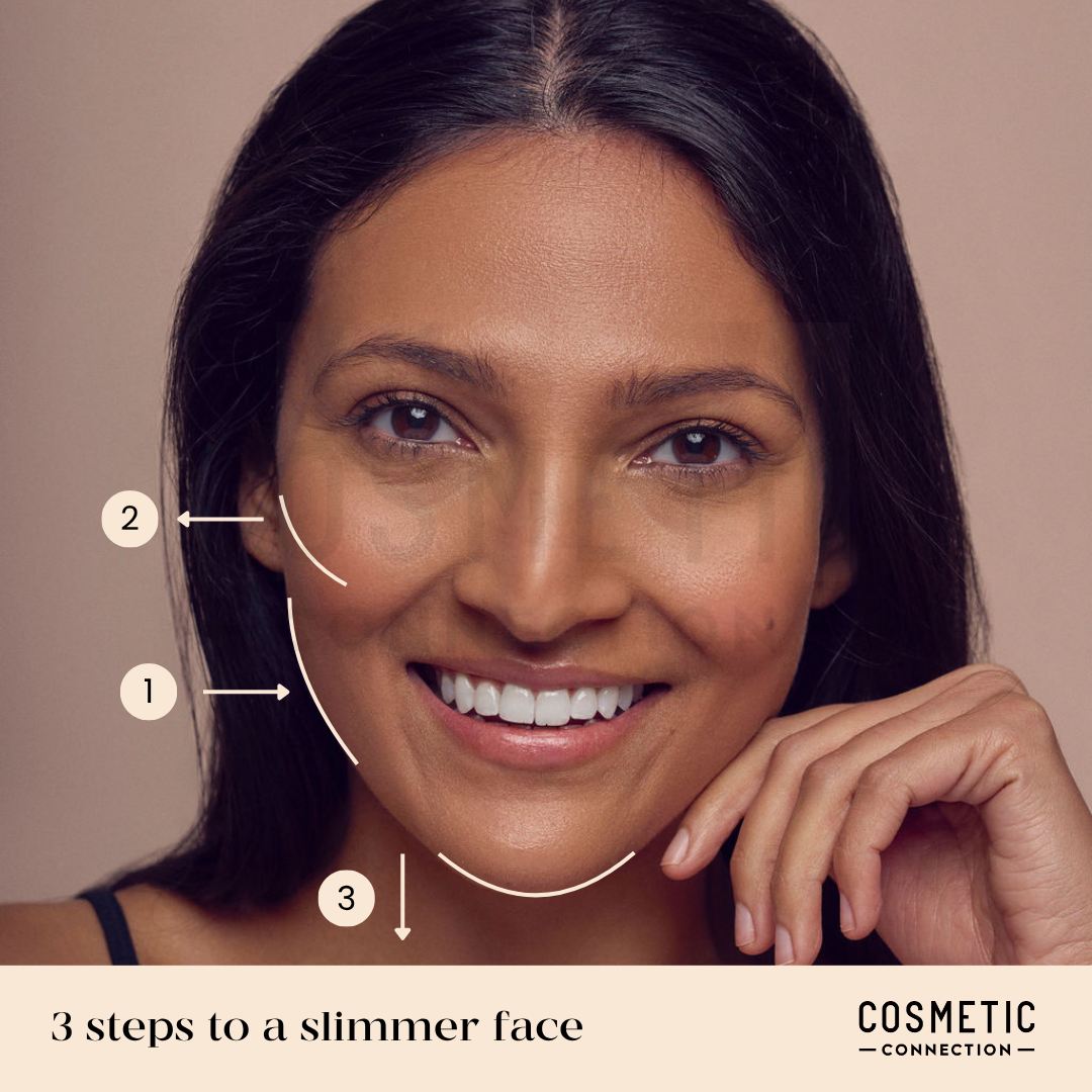 A woman smiles at the camera, touching her chin. Three numbered arrows highlight areas on her cheek and jawline. Text at the bottom reads: 3 steps to a slimmer face and COSMETIC CONNECTION.