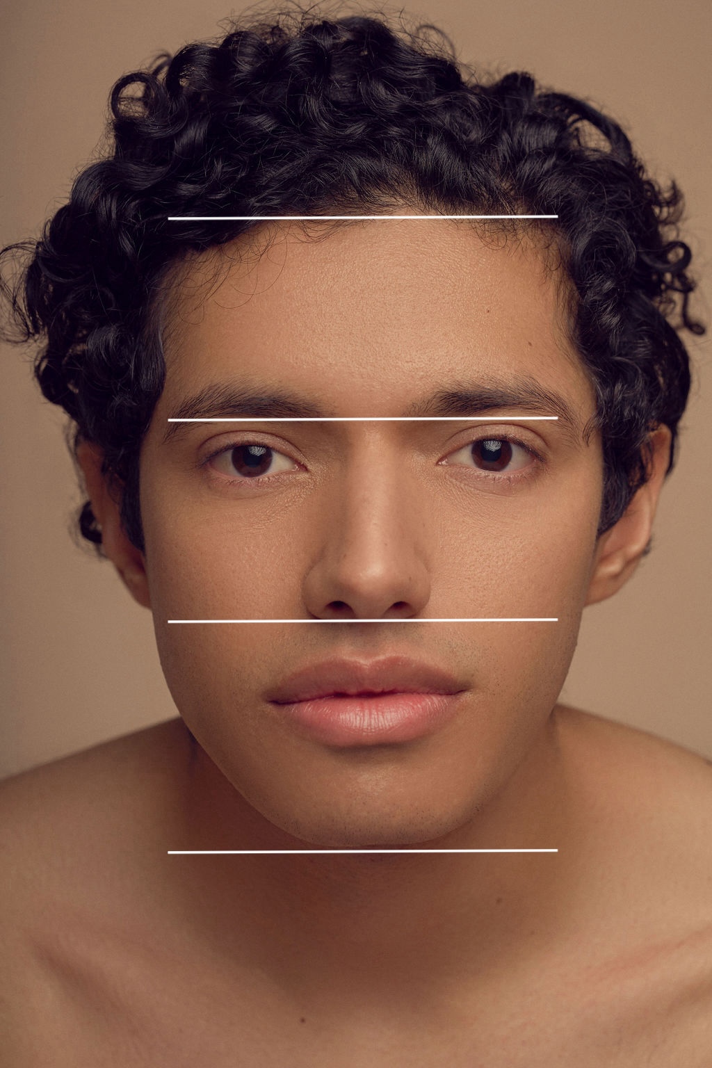 A person with curly hair is shown facing forward. White horizontal lines divide the face into sections, emphasizing facial proportions. The background is a neutral beige.