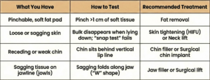 A chart with three columns: What You Have, How to Test, and Recommended Treatment. It lists signs like soft fat pad, sagging skin, weak chin, and jowls, plus ways to test and suggested treatments for each.