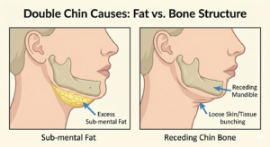 Two side-by-side illustrations show double chin causes: left image highlights excess sub-mental fat beneath the chin, while the right shows a receding chin bone with loose skin and tissue bunching under the jaw.
