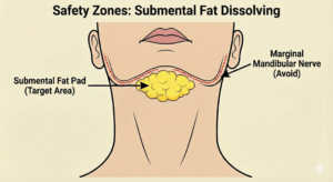 Diagram of a lower face and neck, highlighting the submental fat pad (target area) under the chin and indicating the nearby marginal mandibular nerve to avoid during submental fat dissolving procedures.
